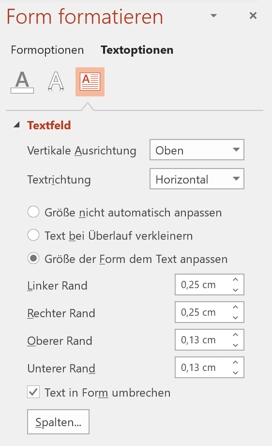 Screenshot PowerPoint: Fenster Form formatieren mit aufgeklappten Textoptionen