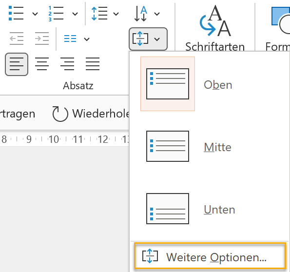 Screenshot PowerPoint: Aufgeklapptes Menü beim Symbol Text ausrichten in der Gruppe Absatz auf der Registerkarte Start. Markiert ist der Punkt Weitere Optionen