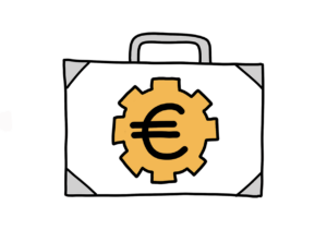 Einfache Zeichnung eines Koffers mit einem großen Eurozeichen in einem orangen Zahnrad