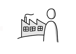 Einfache Zeichnung einer Person, die rechts vor einer Fabrik steht