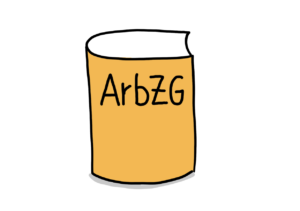 Einfache Zeichnung eines orangen Buches mit der Abkürzung ArbZG auf dem Cover