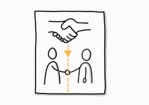 Einfache Zeichnung eines Blattes, auf dem sich zwei Figuren die Hände reichen, darüber ein Handschlag, von dem ein oranger Pfeil auf eine senkrechte gestrichelte Linie zeigt, die durch den Handschlag der Figuren hindurch führt