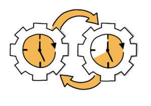 Einfache Zeichnungen von zwei nebeneinander angeordneten Zahnrädern, in deren Mitte sich eine Uhr befindet; beim linken Zahnrad ist die Fläche der Uhr vollständig orange, beim rechten Zahnrad nur zu etwa zwei Dritteln; beide Zahnrädern sind durch orange Pfeile wechselseitig verbunden