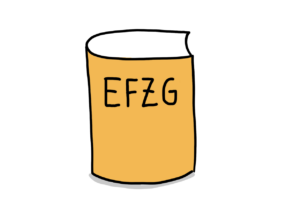 Einfache Zeichnung eines orangen Buches mit der Abkürzung EFZG auf dem Cover