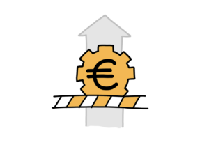 Einfache Zeichnung eines orangen Zahnrades mit einem dicken Eurozeichen, darunter eine angedeutete Schranke; ein hellgrauer Pfeil weist im Hintergrund nach oben