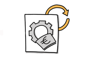 Einfache Zeichnung eines Dokuments, auf dem sich ein Zahnrad und ein Bündel Geldscheine befindet; in der rechten oberen Ecke hinter dem Dokument ist ein runder oranger Pfeil platziert