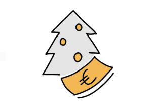 Einfache Zeichnung eines orangen Geldscheinbündels vor einem Weihnachtsbaum