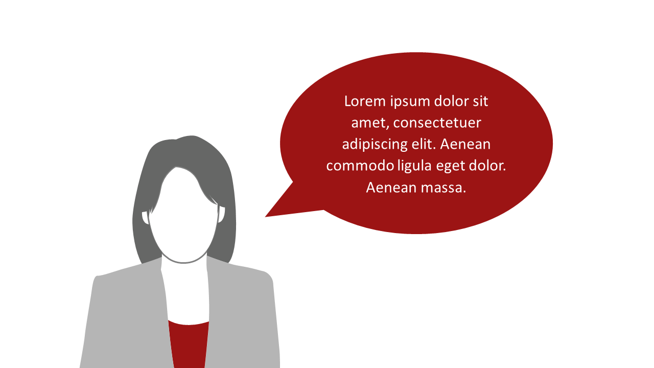 PowerPoint-Folie mit dem Vektorgrafik-Avatar einer Frau, der eine rote Sprechblase mit Blindtext zugeordnet ist
