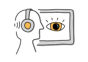 Einfache Zeichnung eines Kopfes mit Kopfhörer im Profil vor einem Bildschirm mit einem großen Auge