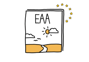 Einfache Zeichnung eines Dokuments, auf dem EAA steht, darunter eine weite Landschaft mit Sonne und Wolken; hinter dem Dokument angeschnitten eine Kreis aus kleinen gelben Sternen
