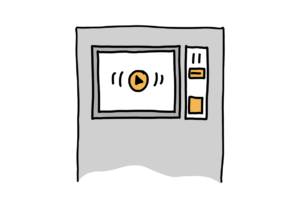 Einfache Zeichnung eines unten angeschnittenen grauen Kastens mit einem Touchbildschirm, neben dem sich ein Schlitz für die Karteneingabe und zwei Schlitze für Münzen sowie ein Geldausgabefach befinden