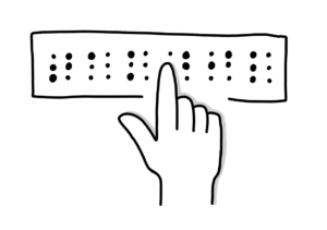 Einfache Zeichnung einer Hand, deren ausgestreckter Zeigefinger Buchstaben in Brailleschrift abtastet