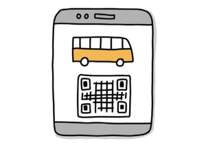 Einfache Zeichnung eines Smartphone-Displays auf dem ein Bus und ein QR-Code angezeigt werden