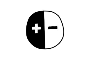Einfache Zeichnung eines in zwei Hälften geteilten Kreises: die linke Hälfte ist schwarz und enthält ein weißes Pluszeichen, die rechte Hälfte ist weiß und enthält ein schwarzes Minuszeichen