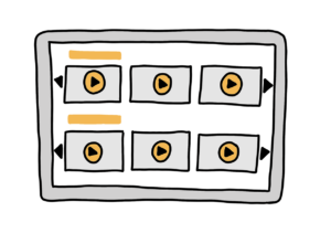 Einfache Zeichnung eines mobilen Bildschirms, auf dem sechs Platzhalter für Videos angezeigt werden, wobei drei Videos jeweils einer orangen Überschrift zugeordnet sind