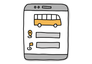 Einfache Zeichnung eines Smartphone-Displays mit einem Bus, darunter Freifelder für Standort und Ziel