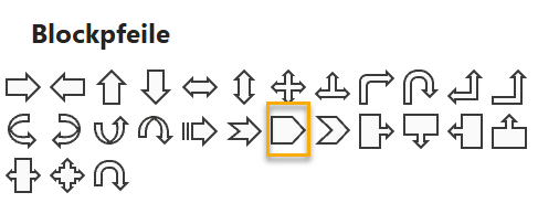 Screenshot PowerPoint: Blockpfeil-Menü mit markiertem Pfeil Fünfeck