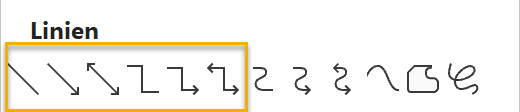 Screenshot PowerPoint: Linien-Menü, bei dem die ersten sechs Linien-Icons markiert sind 