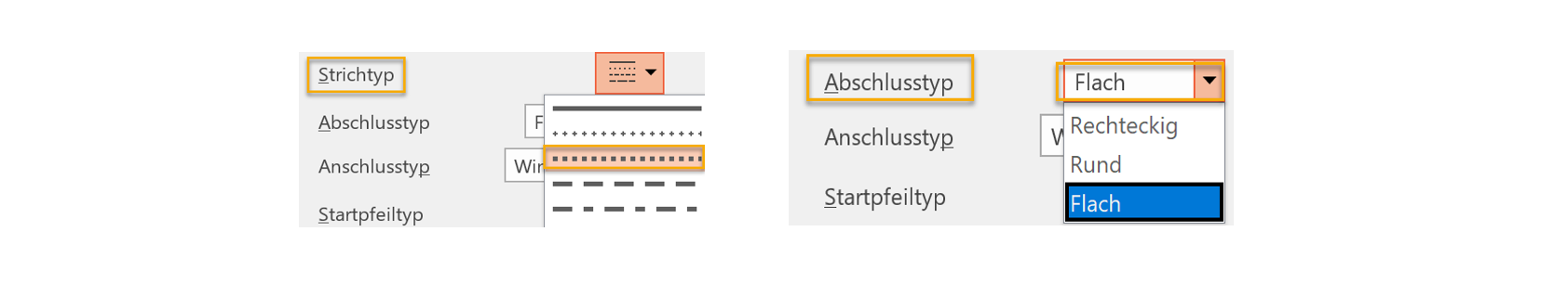 Zwei PowerPoint-Screenshots nebeneinander: Beim ersten ist der Strichtyp viereckiger Punkt markiert, beim zweiten der Abschlusstyp Flach