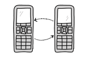 Einfache Zeichnung zweier grauer Telefonhörer, die durch gestrichelte Pfeile wechselseitig miteinander verbunden sind