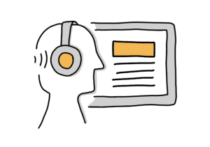 Einfache Zeichnung eines Kopfes mit Kopfhörer im Profil vor einem Bildschirm mit einem orangen Rechteck und ein paar Linien