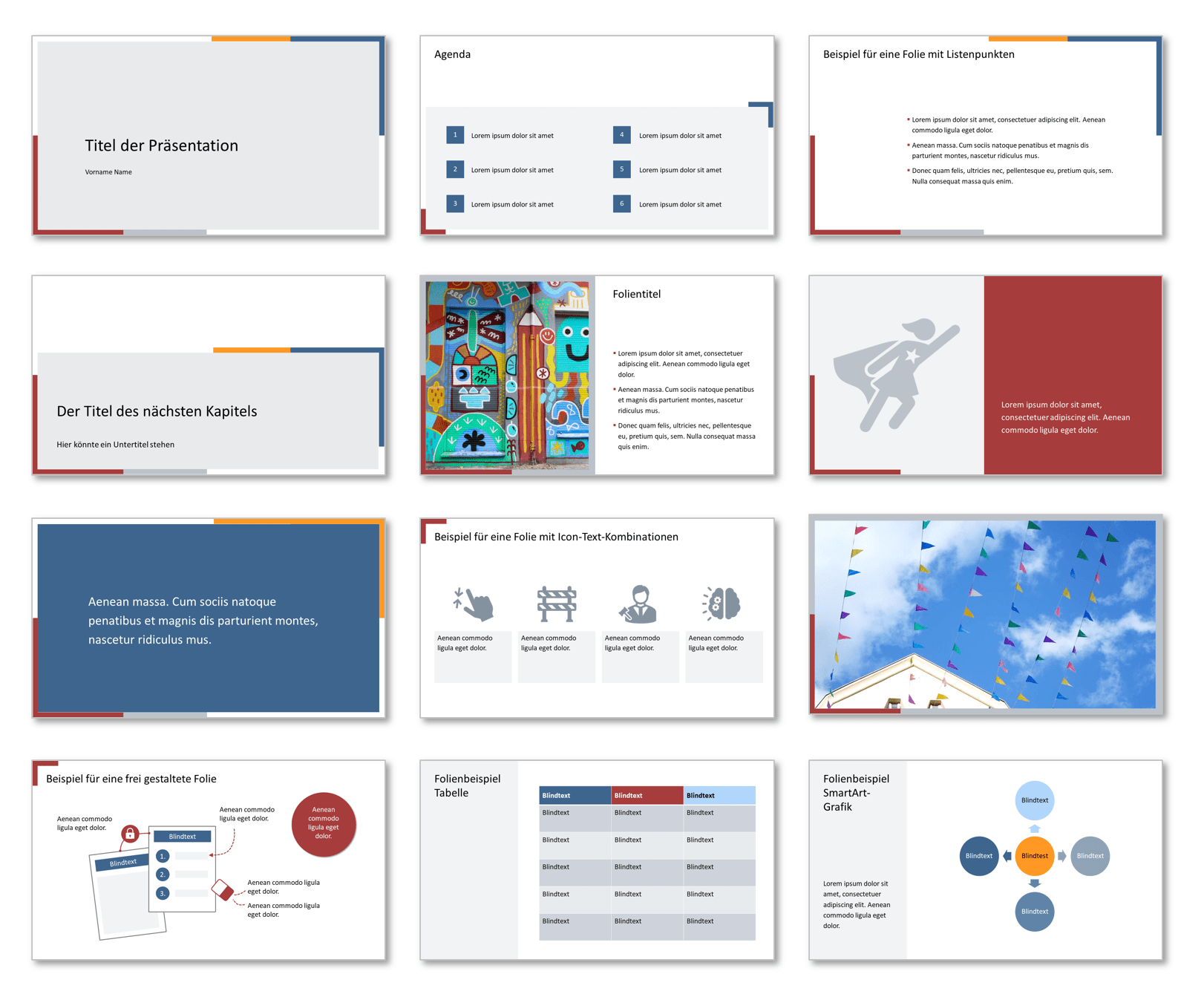 Folienbeispiele auf der Grundlage der Layouts Vorschau von 12 kleinen Folienvorschaubildern mit gefüllten Platzhaltern in einer Kombination aus freundlichen Farben (blau, rot, orange) mit Grautönen