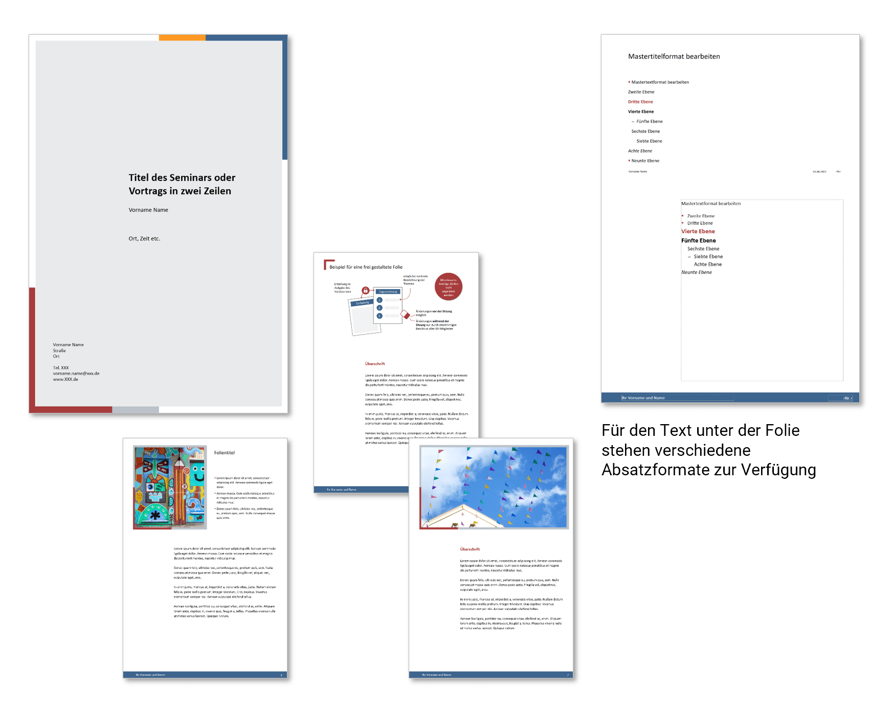 Beispiele für Notizenseiten inkl. Deckblatt sowie die Ansicht des gestalteten Notizenmasters Eine große gestaltete Titelseite und drei kleinere, daneben und darunter angeordnete Notizenseiten aus der obigen Präsentation; die Notizenseiten im DIN-A4-Hochformat zeigen jeweils oben eine fast die Seitenbreite ausfüllende Folie und darunter etwas Text mit einem breiten linken Rand; im Fuß der Seite befindet sich ein dunkelblauer Streifen; ergänzt wird die Darstellung um einen Screenshot des Notizenmasters, in dem der Textplatzhalter mit verschiedenen Absatzformaten zu sehen ist, darunter ist zu lesen: Für den Text unter der Folie stehen verschiedene Absatzformate zur Verfügung.