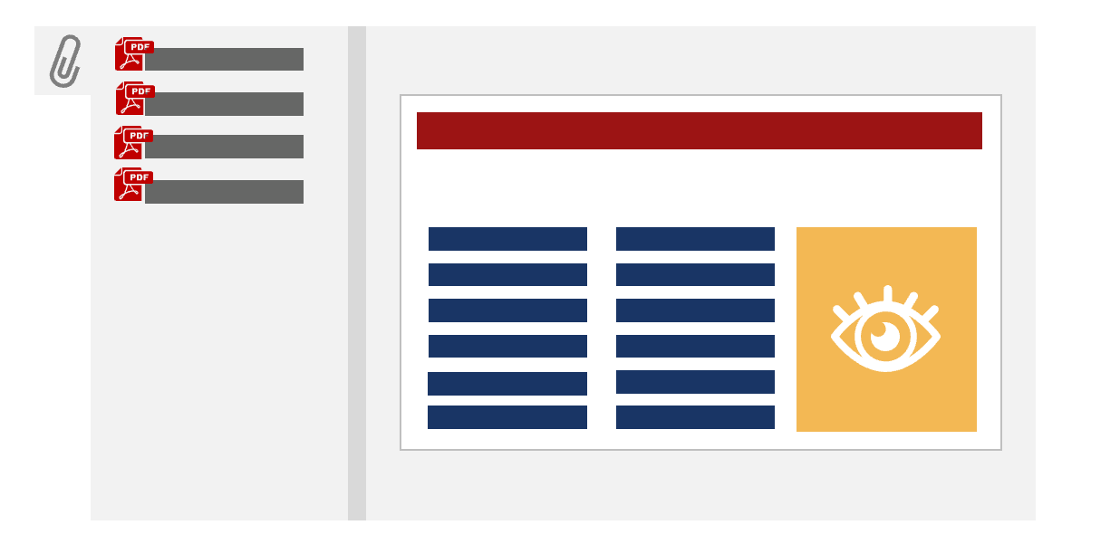 Grafik einer stilisierten Seite aus einem visuellen Dokument, auf deren linker Seite sich mehrere PDF-Anlagen als Dateiliste befinden.