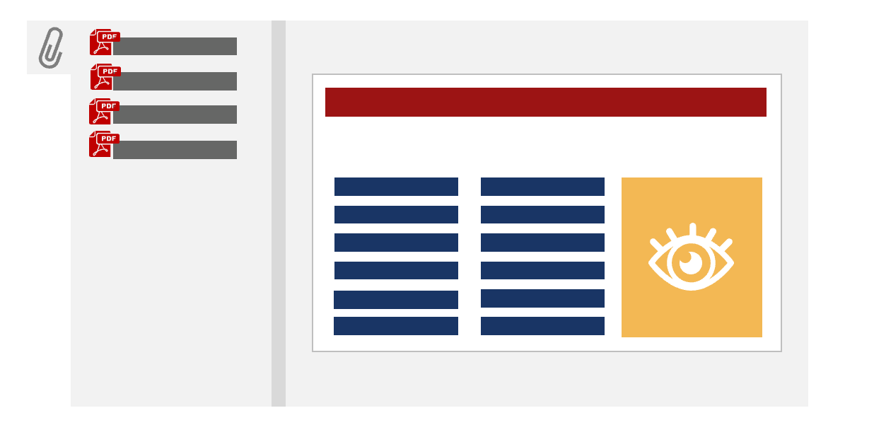 Die Anlagen sind Teil des visuellen Dokuments Grafik einer stilisierten Seite aus einem visuellen Dokument, auf deren linker Seite sich mehrere PDF-Anlagen als Dateiliste befinden.