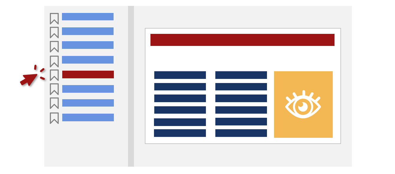 Grafik einer stilisierten Seite aus einem visuellen Dokument, auf deren linker Seite sich mehrere klickbare Lesezeichen befinden.