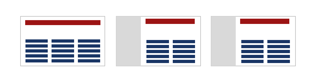 Visuelles Dokument ohne Bilder Grafik dreier stilisierter Textseiten im Querformat mit Überschrift. Der Text ist dreispaltig angeordnet, wobei auf zwei Seiten statt der ersten Textspalte im linken Drittel der Seite ein graues Rechteck platziert ist.