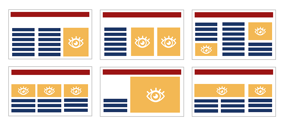 Grafik aus sechs stilisierten Textseiten, die jeweils im Kopf einen roten einzeiligen Kasten und ansonsten ein- oder mehrspaltig angeordnete dunkelblaue Linien und orange Rechtecke mit einem Auge enthalten.