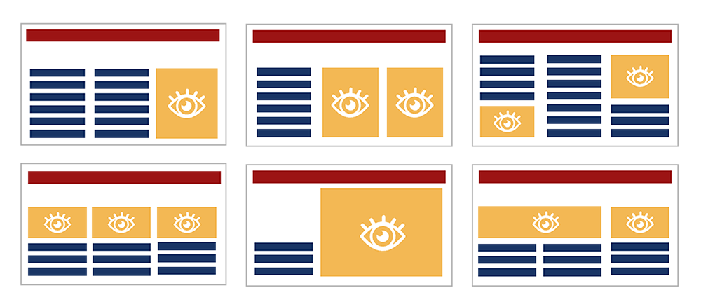 Typische Seiten eines visuellen Dokuments Grafik aus sechs stilisierten Textseiten, die jeweils im Kopf einen roten einzeiligen Kasten und ansonsten ein- oder mehrspaltig angeordnete dunkelblaue Linien und orange Rechtecke mit einem Auge enthalten.