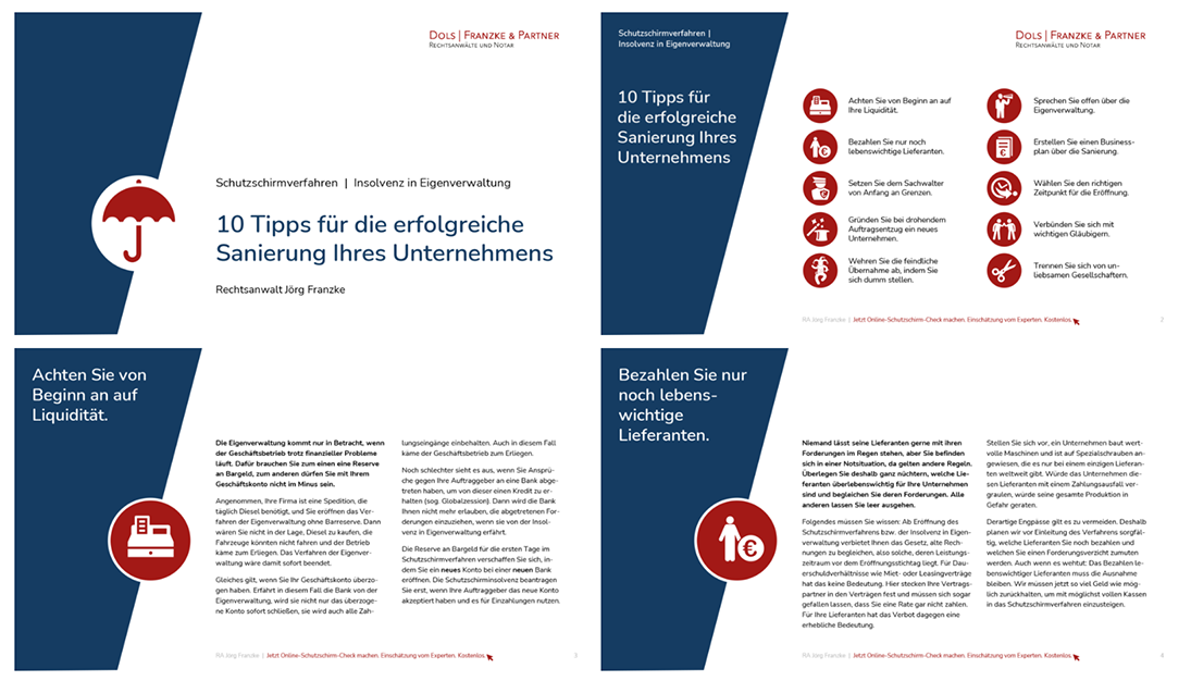 Vier Seiten aus einem Dokument mit dem Titel "10 Tipps für die erfolgreiche Sanierung Ihres Unternehmens" von Rechtsanwalt Jörg Franzke Das Inhaltsverzeichnis listet die 10 Tipps, denen jeweils ein Icon zugeordnet ist, in zwei Spalten auf. Die Tipps werden dann jeweils auf einer Seite  behandelt. Dabei ist das einzige Bild das Icon, das dem Tipp zugeordnet ist. 