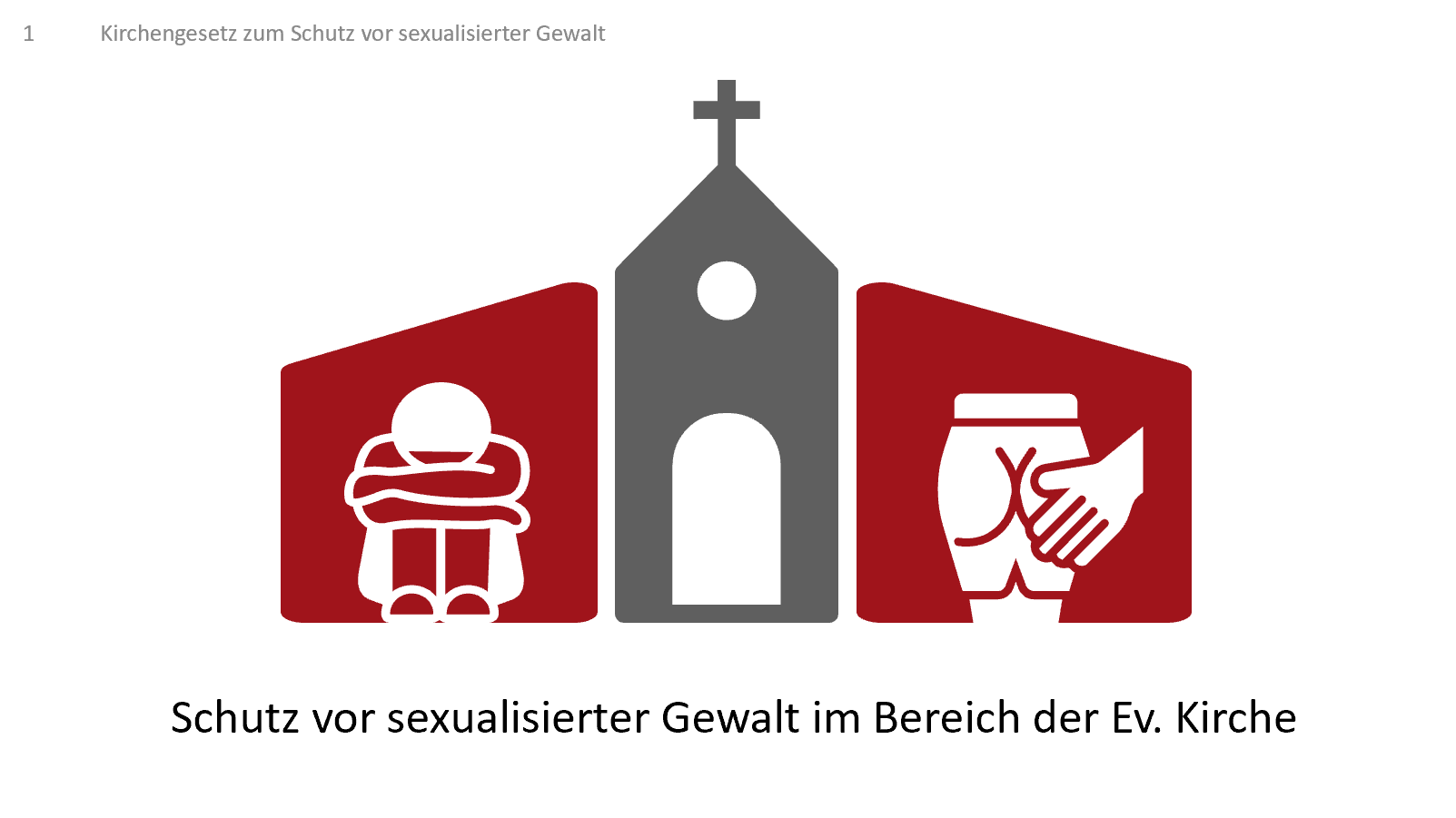 Grafik einer Kirche, unter deren Dach eine zusammengekauerte Person sitzt und eine Hand einen weiblichen Po fasst, darunter der Schriftzug Schutz vor sexualisierter Gewalt im Bereich der Ev. Kirche