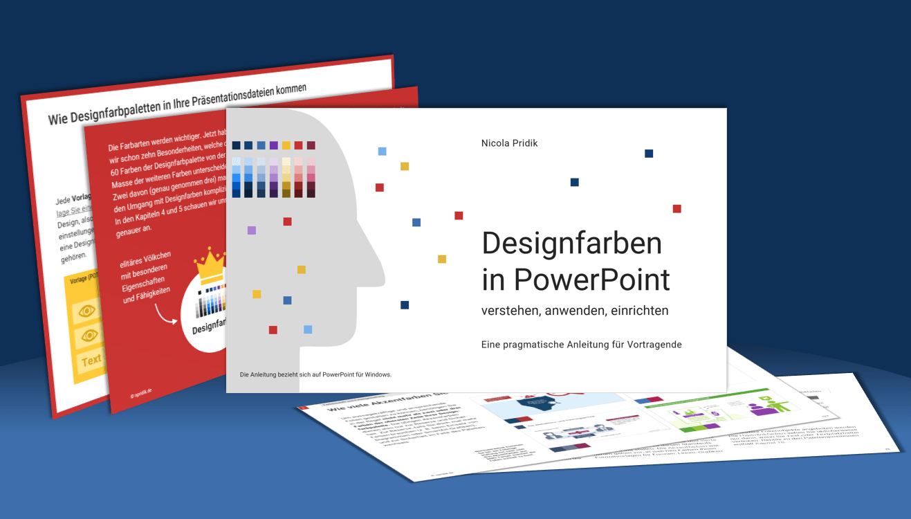 Produktpräsentation des E-Books "Designfarben in PowerPoint" mittels einiger Seiten, die in Kartenform vor einem dunkelblauen Hintergrund stehen bzw. liegen; im Mittelpunkt die Titelseite