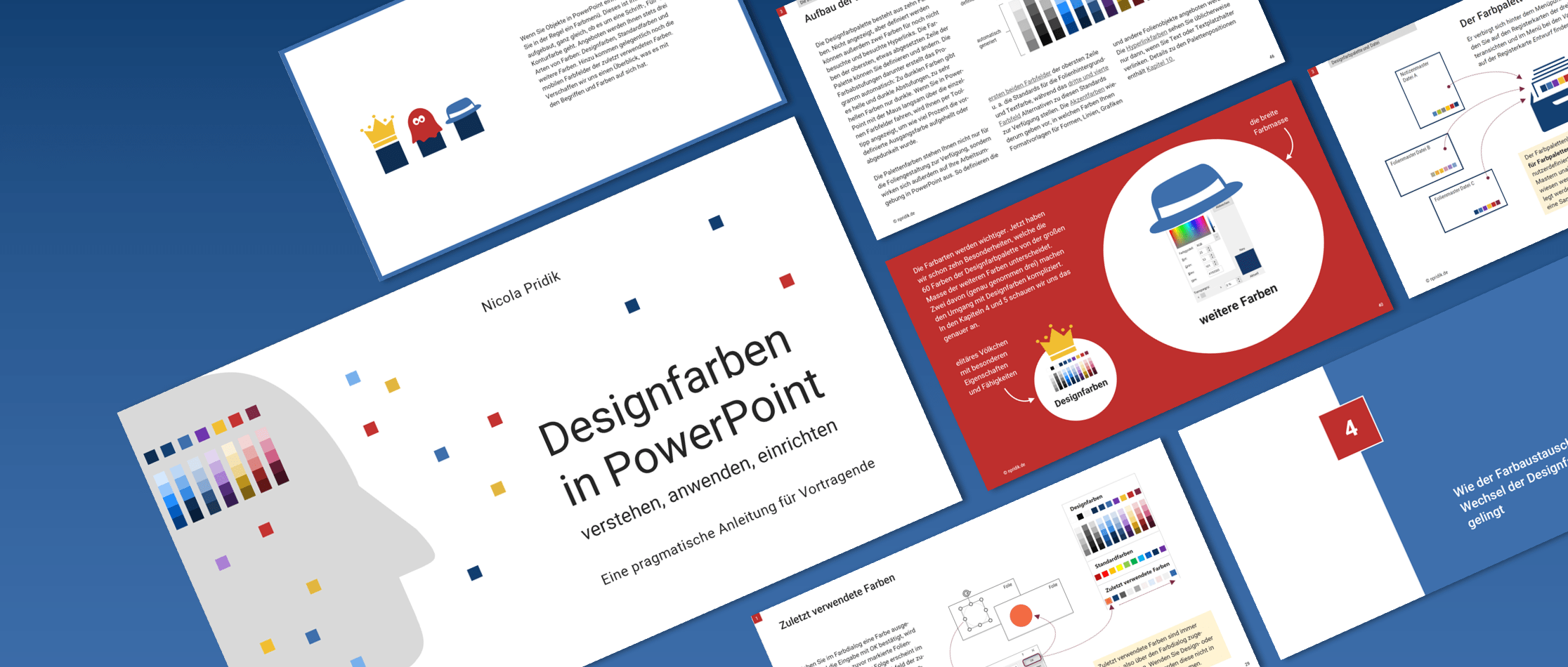 Seiten aus dem E-Book Designfarben, schräg auf einer Fläche angeordnet