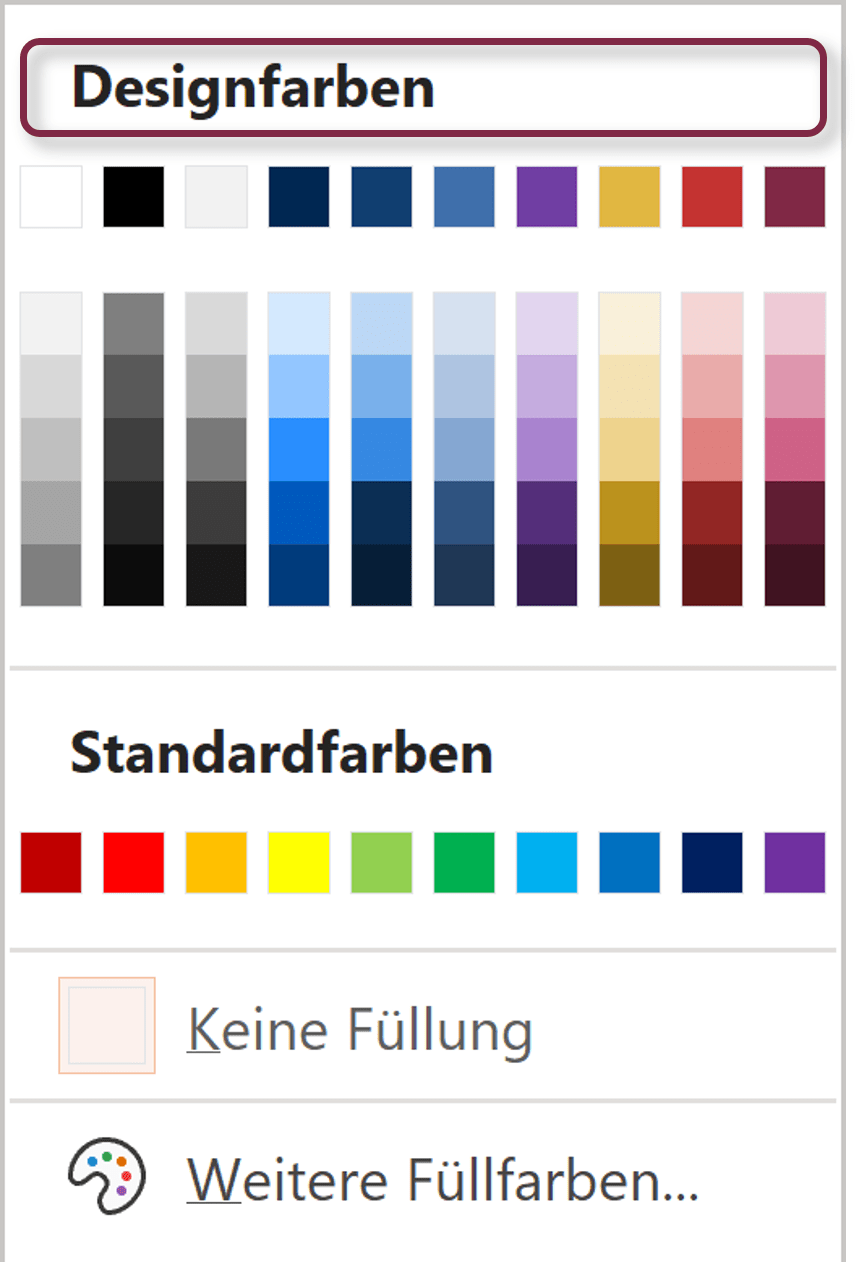 Screenshot eines Farbmenüs in PowerPoint mit einer Designfarbpalette