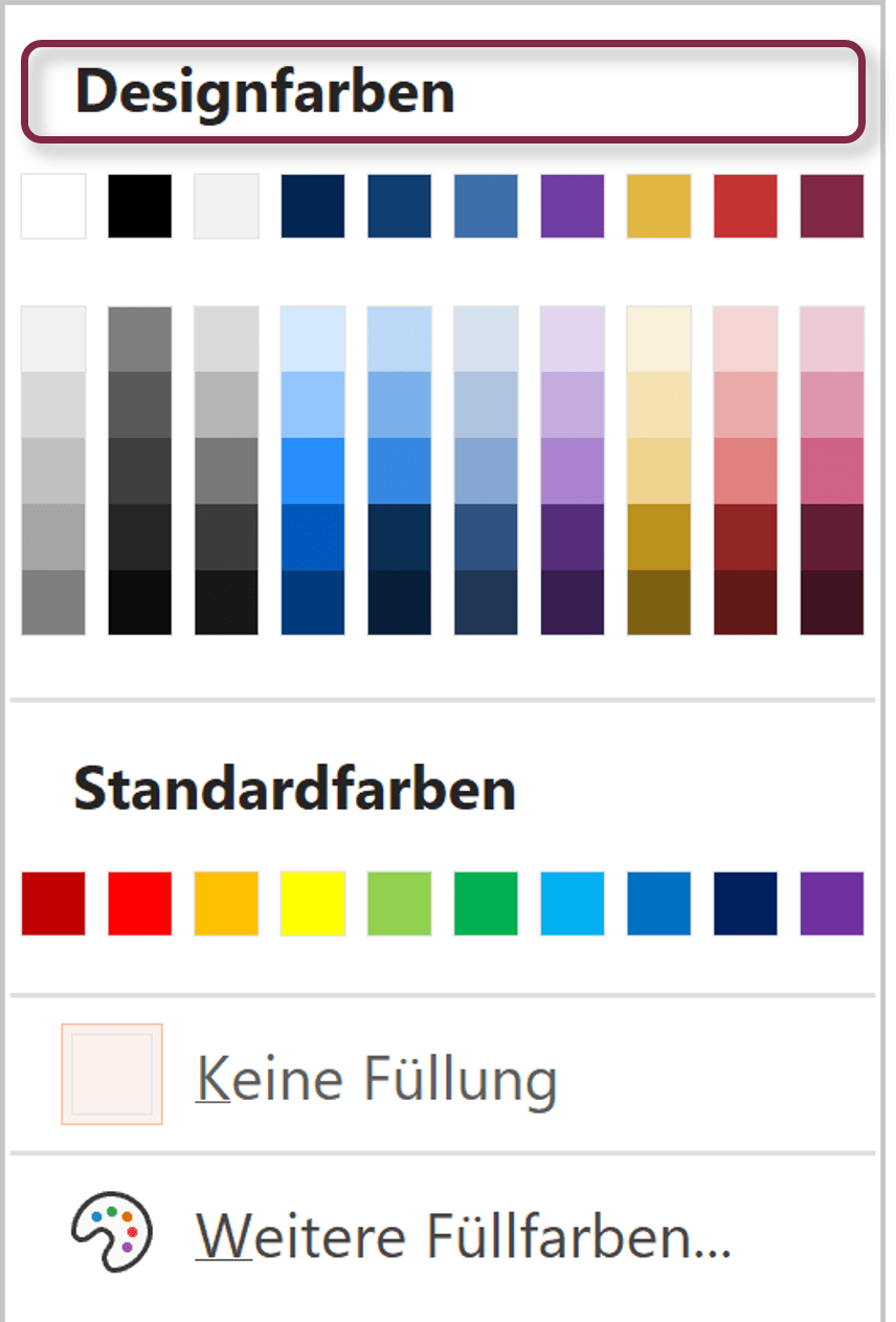 Jedes Farbmenü in PowerPoint enthält eine Designfarbpalette Screenshot eines Farbmenüs in PowerPoint mit einer Designfarbpalette