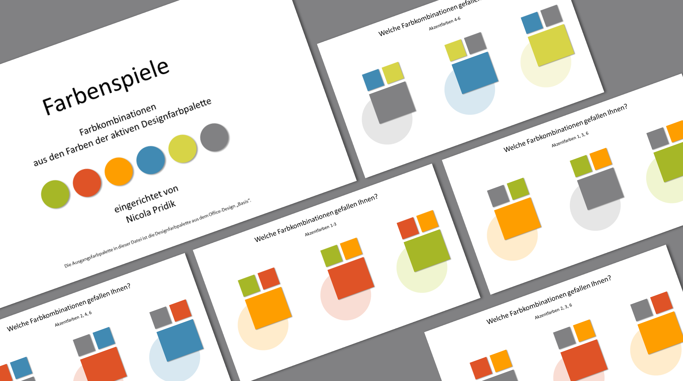 Folien aus der Testdatei, schräg auf einer dunkelgrauen Fläche angeordnet. Die Titelseite ist etwas größer als die anderen Seiten, auf denen jeweils drei gleiche Formkombinationen in den gleichen Farben mit unterschiedlicher Hauptfarbe angeordnet sind.