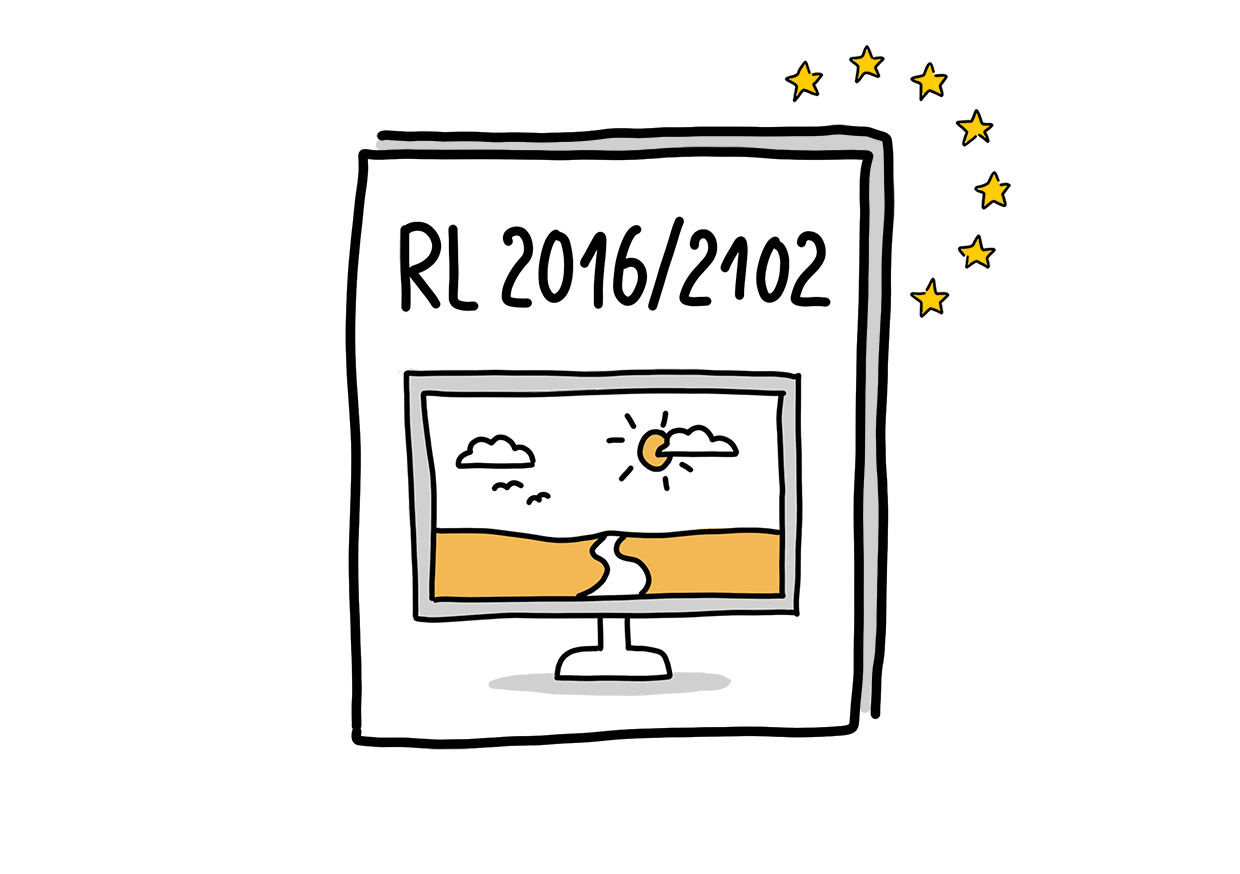 Einfache Zeichnung eines Dokuments, auf dessen Deckblatt RL 2016/2102 steht. Darunter befindet sich ein Computerbildschirm mit einer weiten Landschaft. In der rechten oberen Ecke hinter dem Dokument befindet sich ein Kranz mit kleinen gelben Sternen