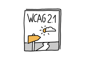 Einfache Zeichnung eines Dokuments, auf dessen Deckblatt WCAG 2.1 steht, darunter weist ein Wegweiser in eine weite Landschaft