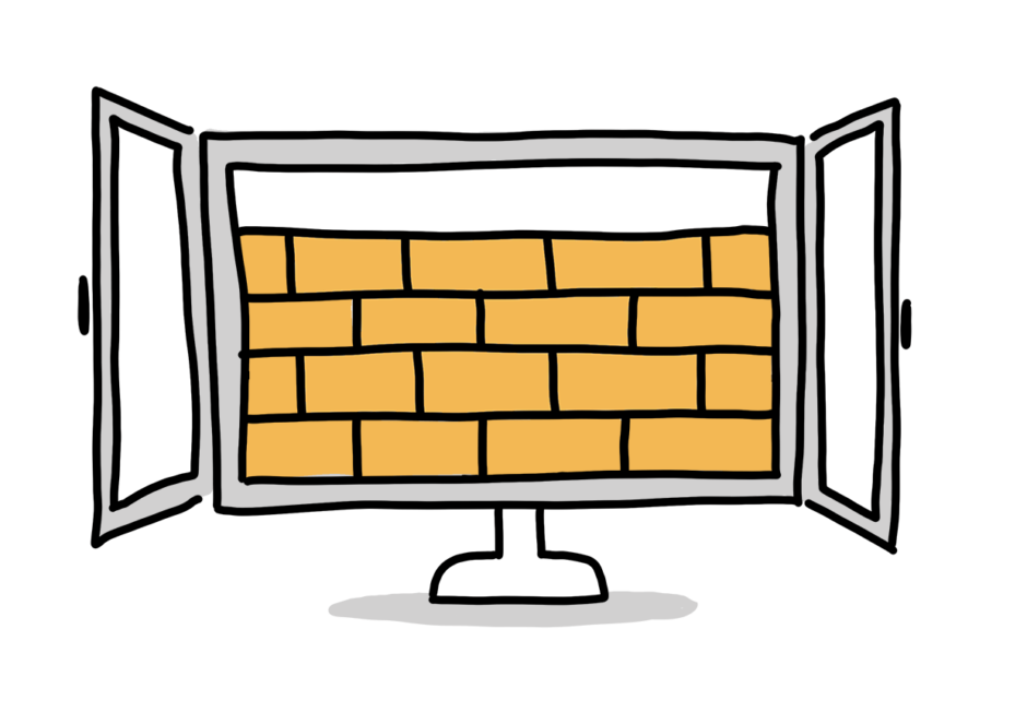 Einfache Zeichnung eines Computerbildschirms, der als geöffnetes Fenster dargestellt wird, das den Blick auf eine Mauer freigibt.