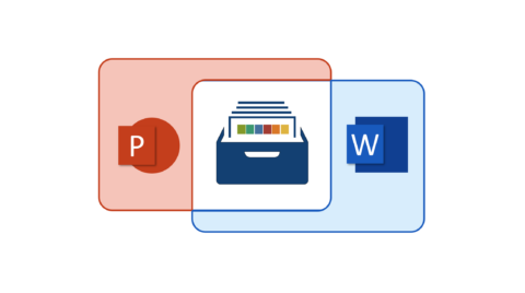 Grafik zweier sich überlappender Rechtecke; in dem einen befindet sich das PowerPoint-Icon, in dem anderen das Word-Icon; in der Schnittmenge befindet sich ein Karteikasten für Farbpaletten