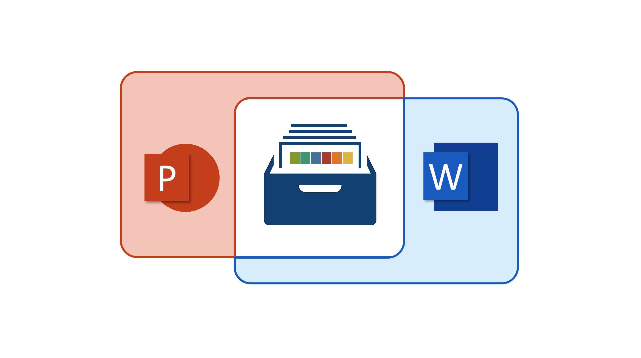 Grafik zweier sich überlappender Rechtecke; in dem einen befindet sich das PowerPoint-Icon, in dem anderen das Word-Icon; in der Schnittmenge befindet sich ein Karteikasten für Farbpaletten