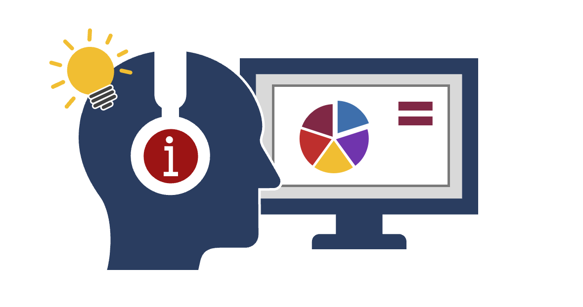 Grafik eines stilisierten Kopfes mit Kopfhörer im Profil vor einem Computerbildschirm mit einer PowerPoint-Folie. Auf der Folie ist ein Diagramm zu sehen und auf dem Kopfhörer deutet ein Informationszeichen an, dass Informationen gehört werden. 