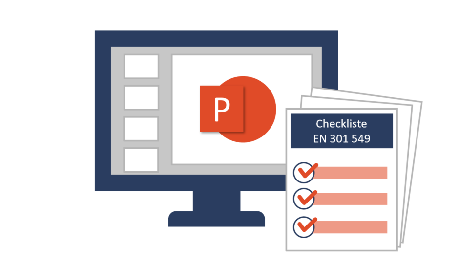 Grafik eines Computerbildschirms, auf dem Folien und das PowerPoint-Symbol zu sehen sind; vor dem Bildschirm ist eine Checkliste zu EN 301 549 platziert.