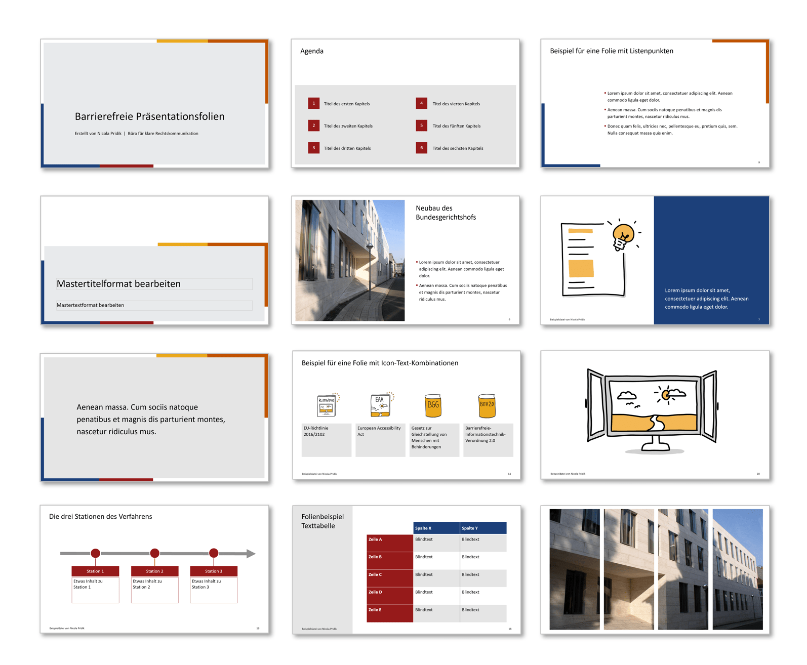Folienbeispiele auf der Grundlage der Layouts Vorschau von 12 kleinen Folienvorschaubildern mit gefüllten Platzhaltern