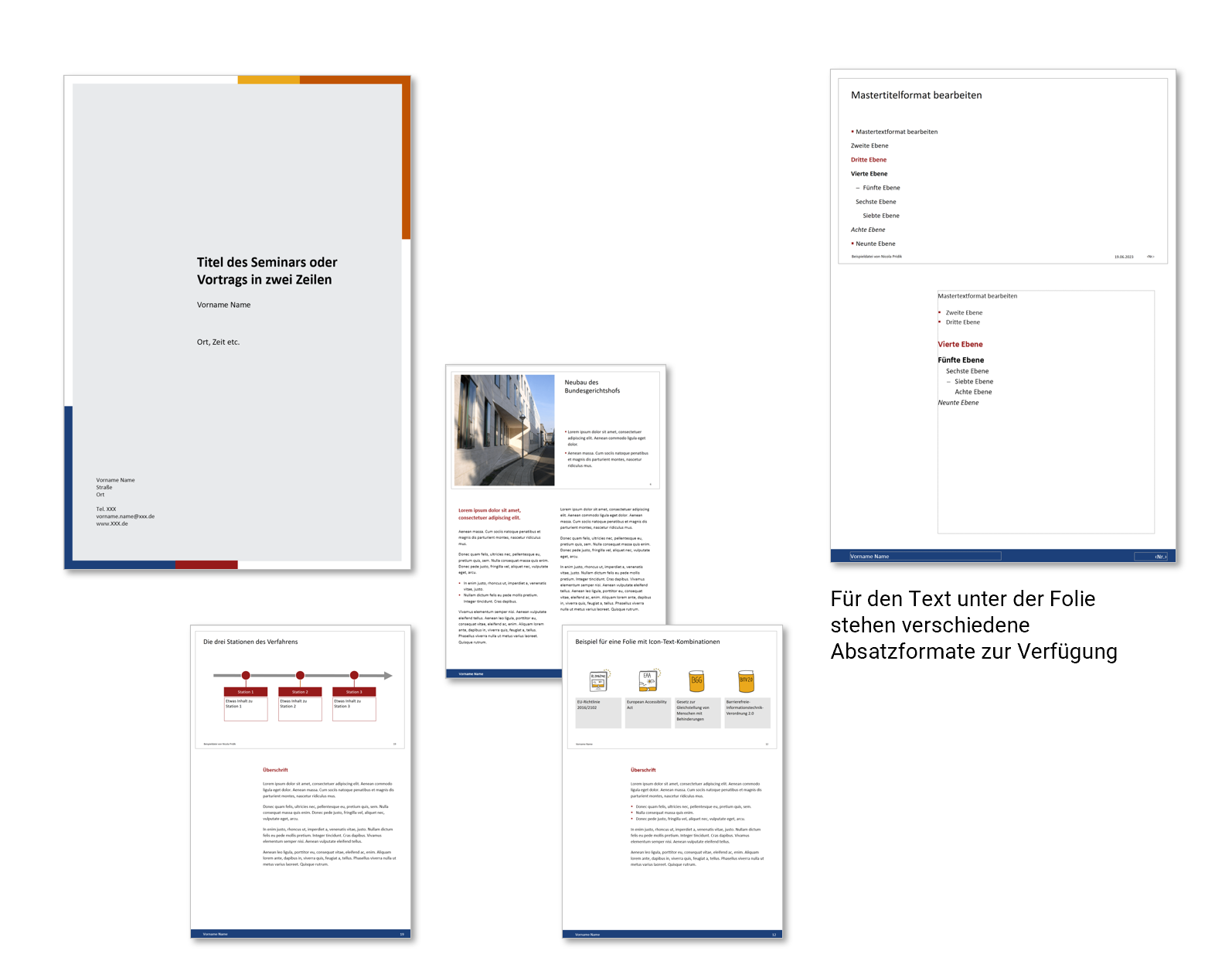 Die gestaltete Titelseite des Handouts und drei kleinere Notizenseiten aus der Beispieldatei; die Notizenseiten im DIN-A4-Hochformat zeigen jeweils oben eine fast die Seitenbreite ausfüllende Folie und darunter etwas Text mit einem breiten linken Rand; im Fuß der Seite befindet sich ein dunkelblauer Streifen; ergänzt wird die Darstellung um einen Screenshot des Notizenmasters, in dem der Textplatzhalter mit verschiedenen Absatzformaten zu sehen ist, darunter ist zu lesen: Für den Text unter der Folie stehen verschiedene Absatzformate zur Verfügung.
