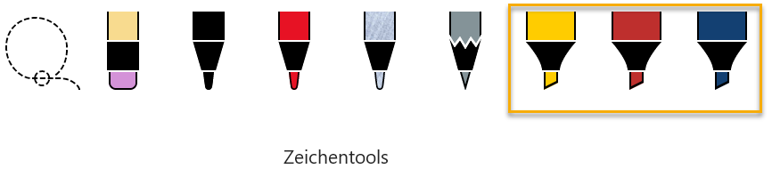 Screenshot der Zeichentools in PowerPoint; markiert sind drei Textmarker in gelb, rot und blau.